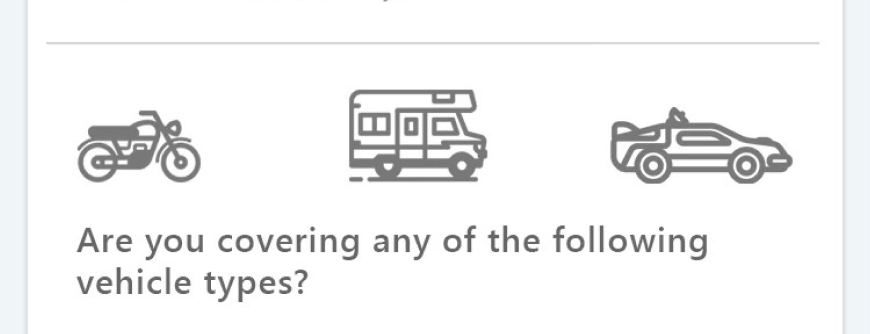 a screenshot of a line of text reading "Are you covering any of the following vehicle types?" above the text, three friendly looking icons representing a motorcycle, a camper, and the delorean Time Machine from the film "Back to the Future".