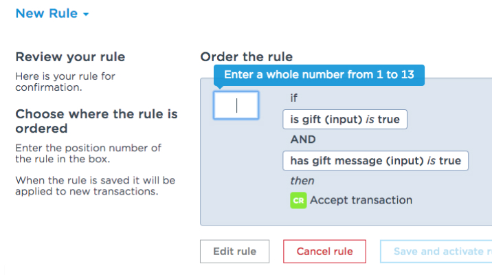 Query builder interface with a rule ordering input showing client-side validation guidance for acceptable values, alongside persistent side-panel instructions explaining how rule order works.