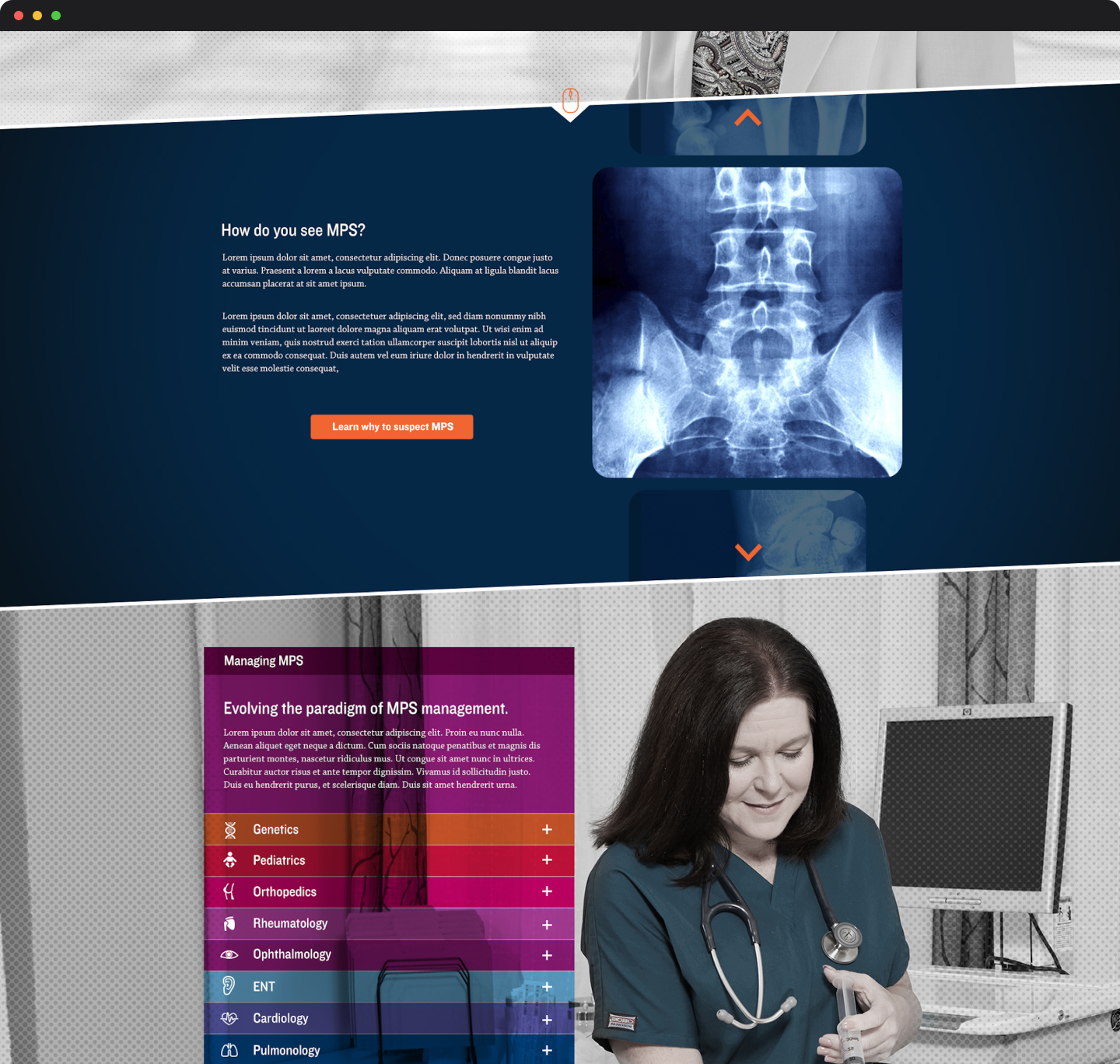 Screen showing expandable sections by medical specialty, allowing users to reveal detailed MPS management information as needed.