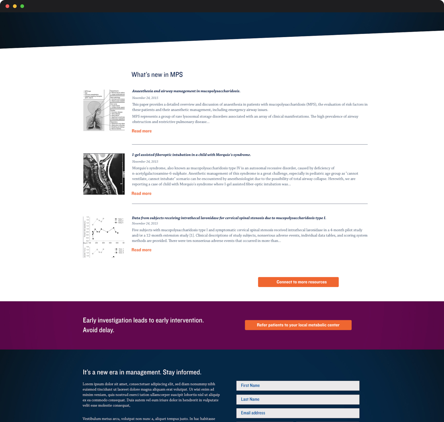Page showing a list of recent MPS-related clinical articles with summaries, thumbnails, and links to read more.