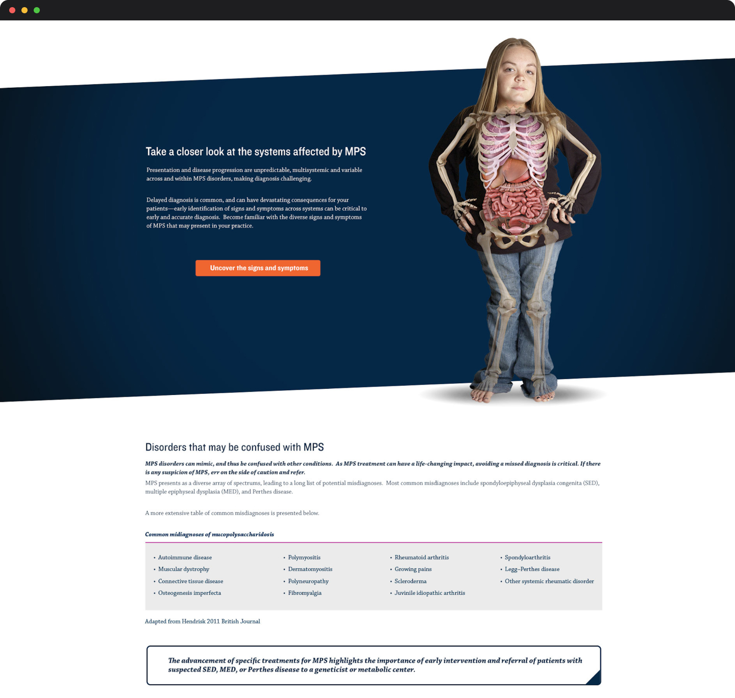 Interface showing a patient illustration with internal organs highlighted, paired with text explaining how MPS affects multiple body systems.